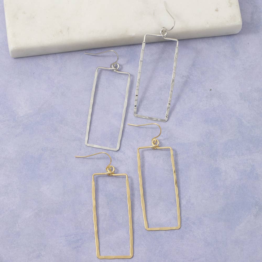 Gold Dipped Hammered Rectangle Cutout Drop Earrings