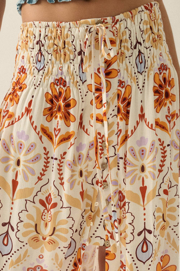Promesa USA - Multicolor Ornate Floral-Print Button-Front Maxi Skirt in Cream-Sand 1
