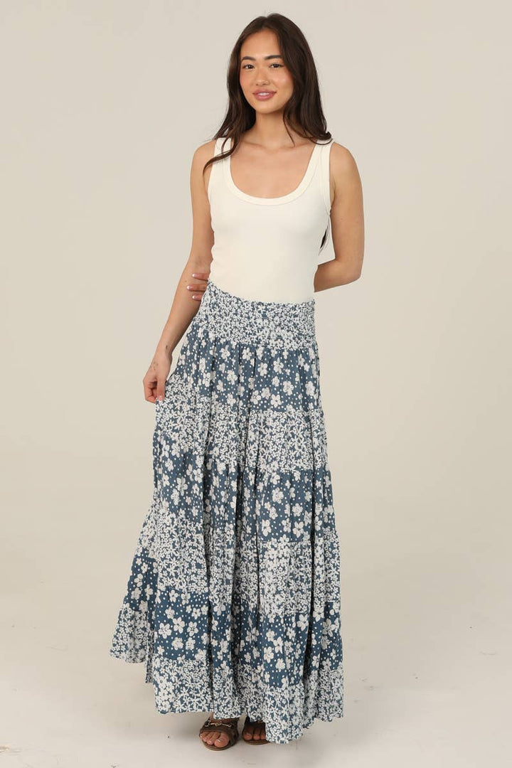 Angie Twin Print Tiered A-Line Maxi Skirt in Peacock