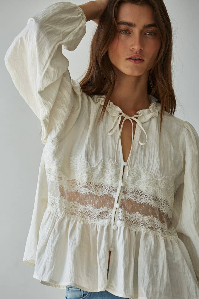 By Together - Woven Polyester Nylon Sheer Lace Detail Blouse
