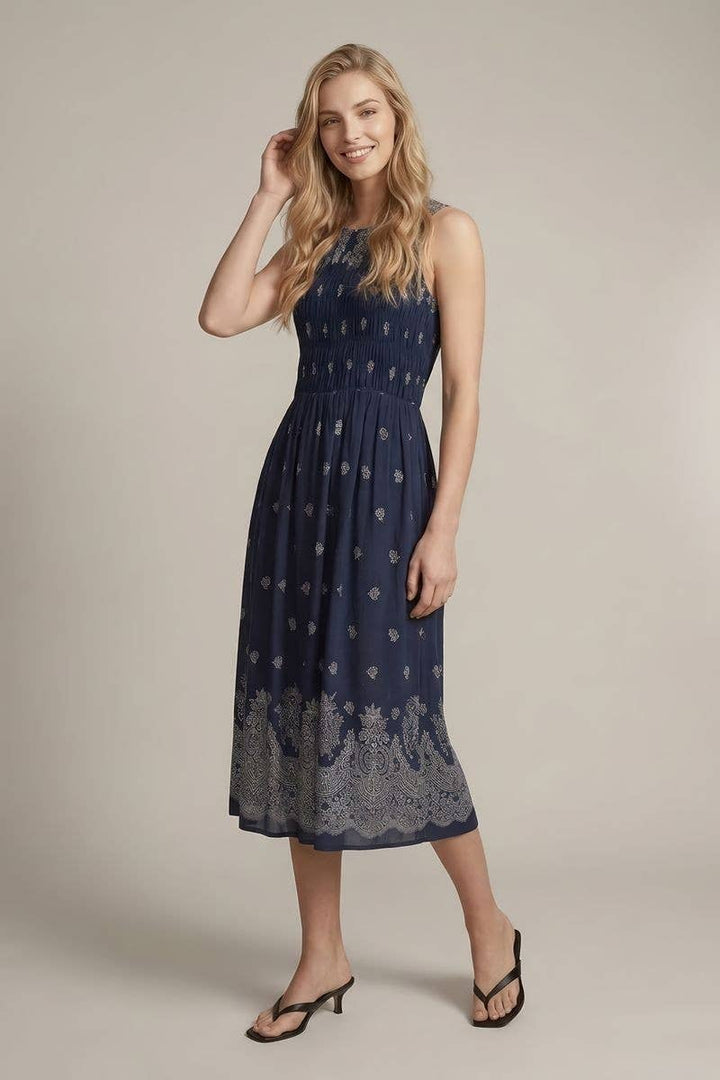 Doe and Rae Linen Blend Smocking Midi Dress in Navy
