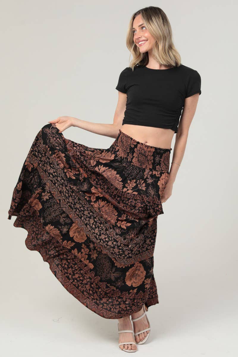 Angie Smocked Waistband Tiered A-Line Maxi Skirt in Black 2