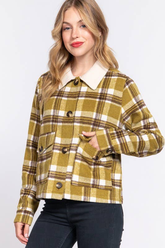 Long Sleeve Fur Collar Plaid Shacket