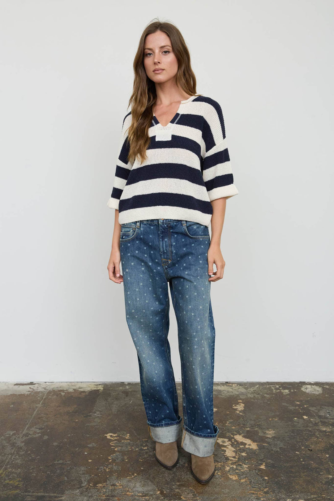 Blu Pepper - Wide-Stripe Split-Neck Short-Sleeve Sweater in Navy 3