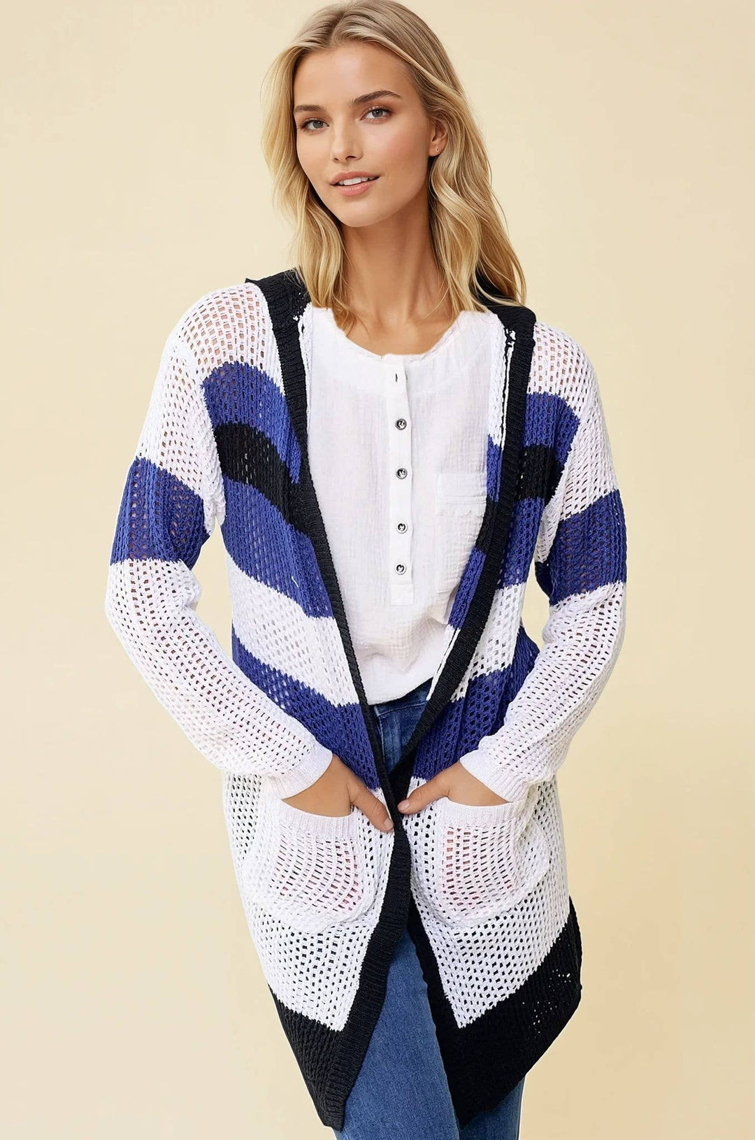 Doe and Rae Stripe Hoodie Cardigan in Navy/Black