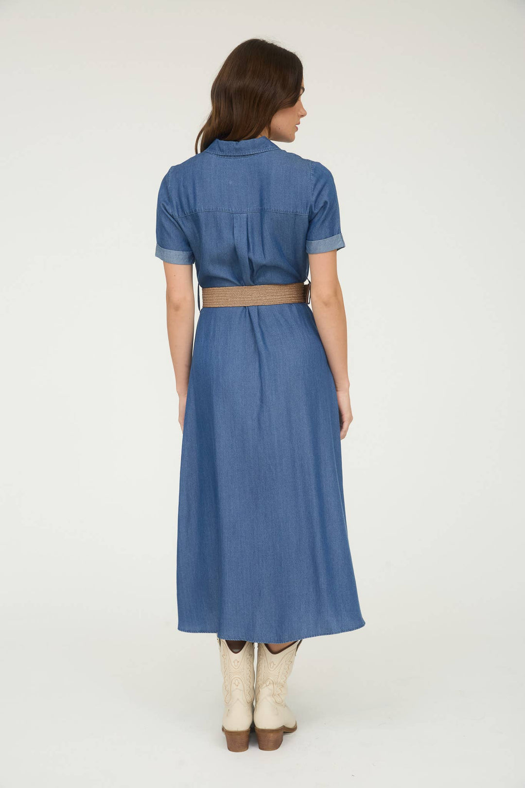 Chambray Collared Belted Shirt Dress Indigo  2