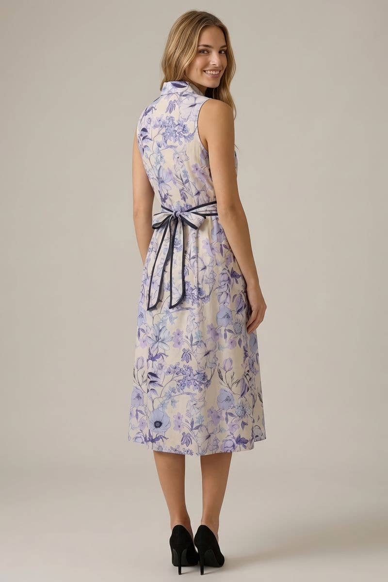 Doe and Rae - Floral Printed Sleeveless Midi Shirt Dress Periwinkle Multi back