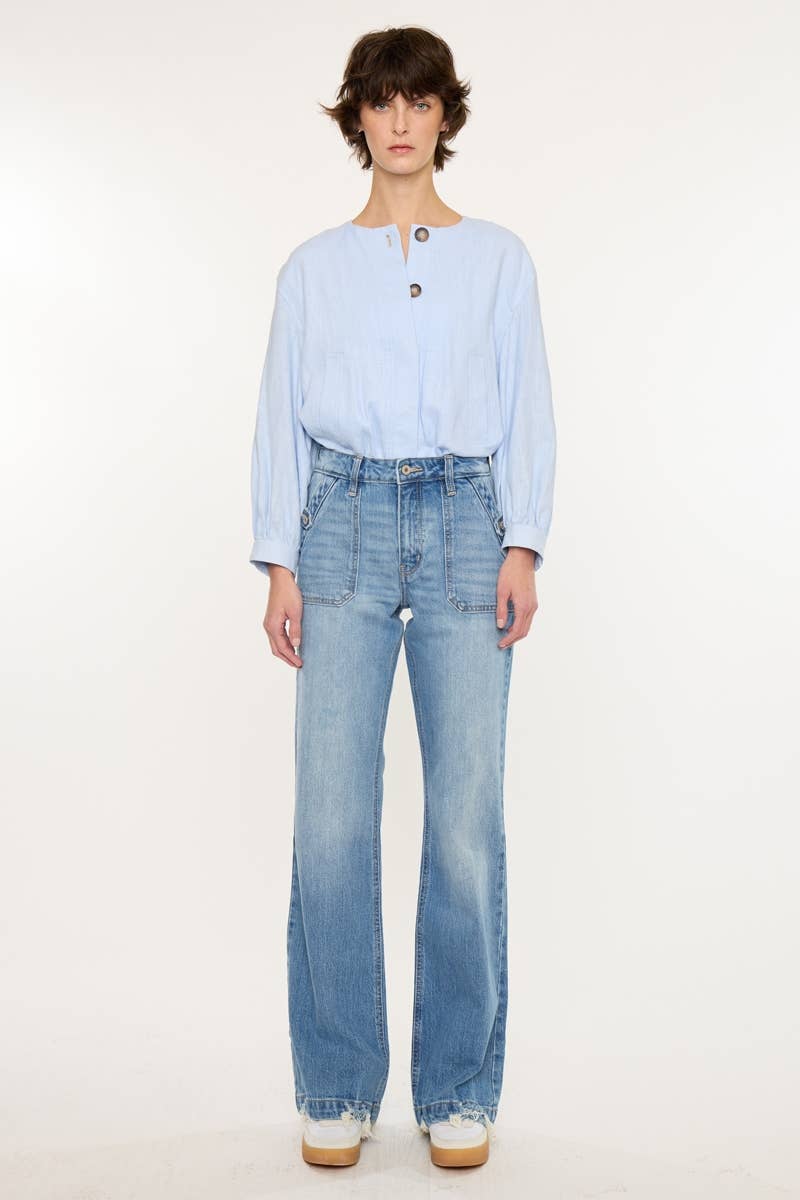 Kan Can USA High Rise Wide Flare Jeans in Medium Wash 6