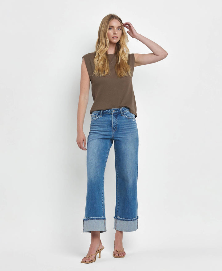 Flying Monkey High Rise Medium Wash Cuffed Wide Jeans in Moorland 4