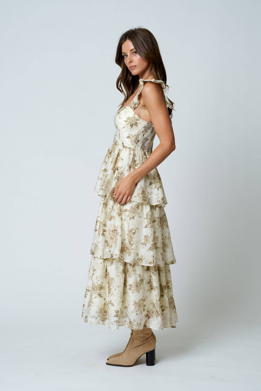 Blu Pepper - Floral Print Ruffle Tiered Spaghetti Midi Dress in Light Khaki 5