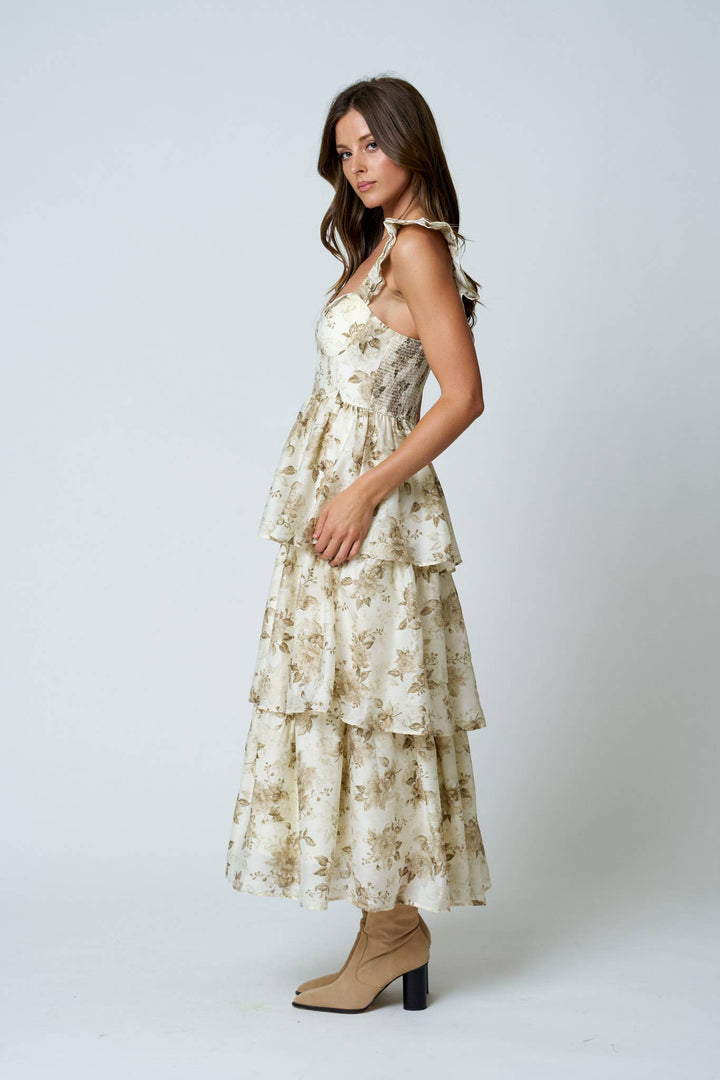 Blu Pepper - Floral Print Ruffle Tiered Spaghetti Midi Dress in Light Khaki 5