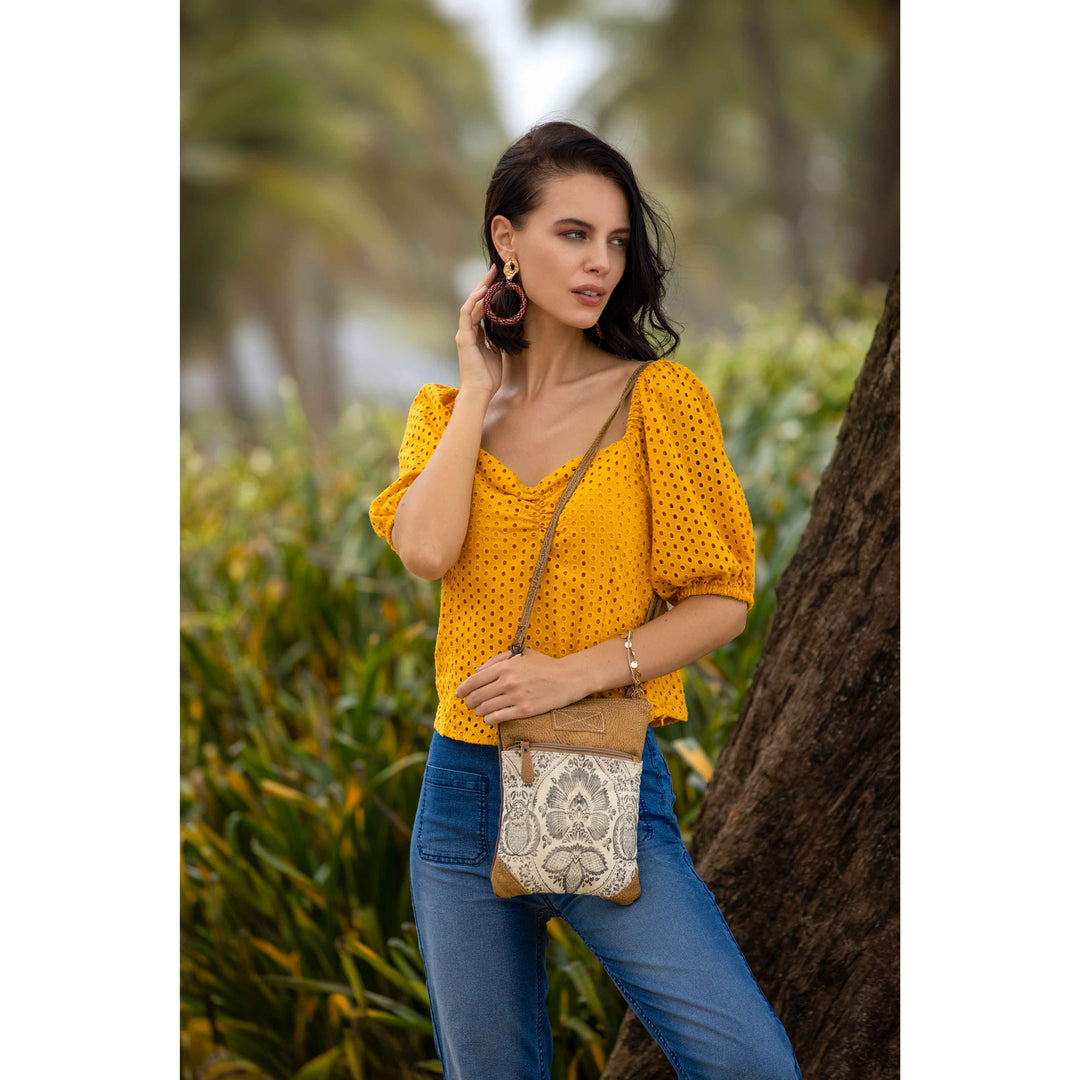 Myra Soul Searcher small canvas and leather crossbody bag - Interior View Showing Compartments