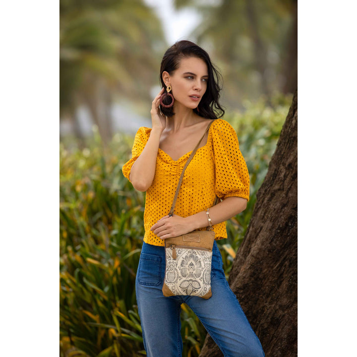 Myra Soul Searcher small canvas and leather crossbody bag - Interior View Showing Compartments