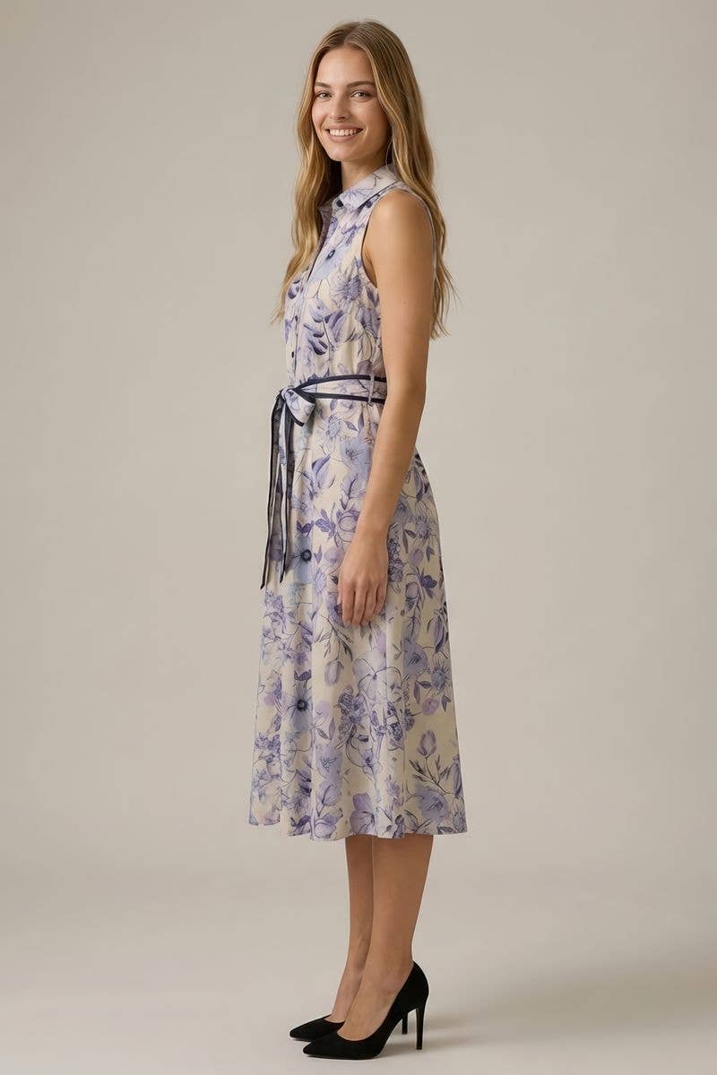 Doe and Rae - Floral Printed Sleeveless Midi Shirt Dress Periwinkle Multi side