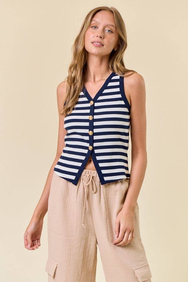 Doe and Rae Stripe Knit Button Front Tank Navy