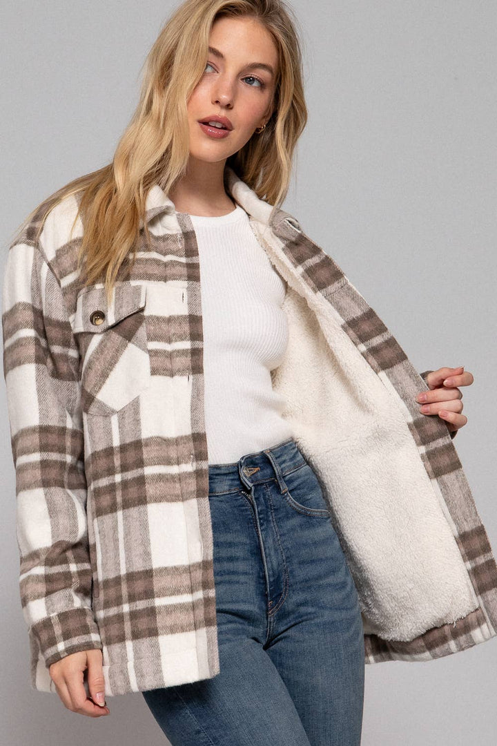 Inside Faux Fur Brushed Plaid Jacket Taupe/Brown  2