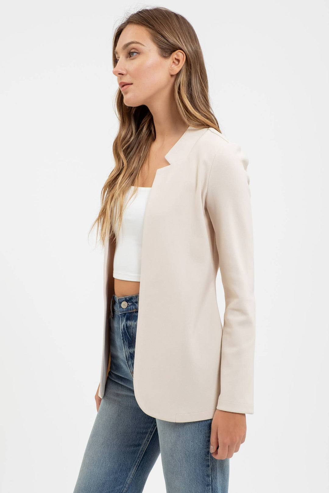 Blu Pepper casual longline blazer oatmeal side view outfit styling