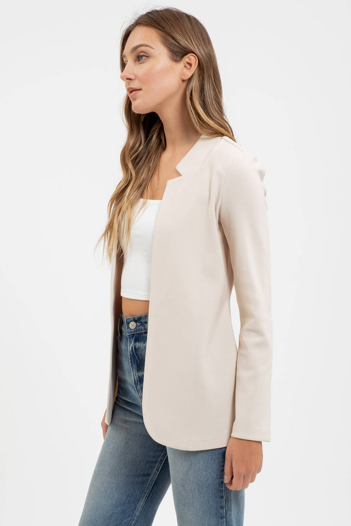 Blu Pepper casual longline blazer oatmeal side view outfit styling