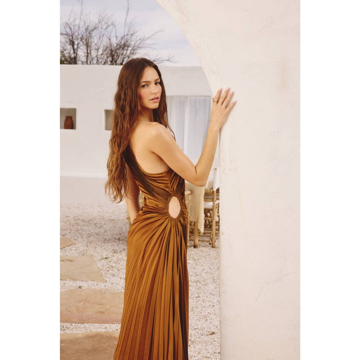 Olympia Asymmetrical Pleated Maxi Dress Golden Ochre 4