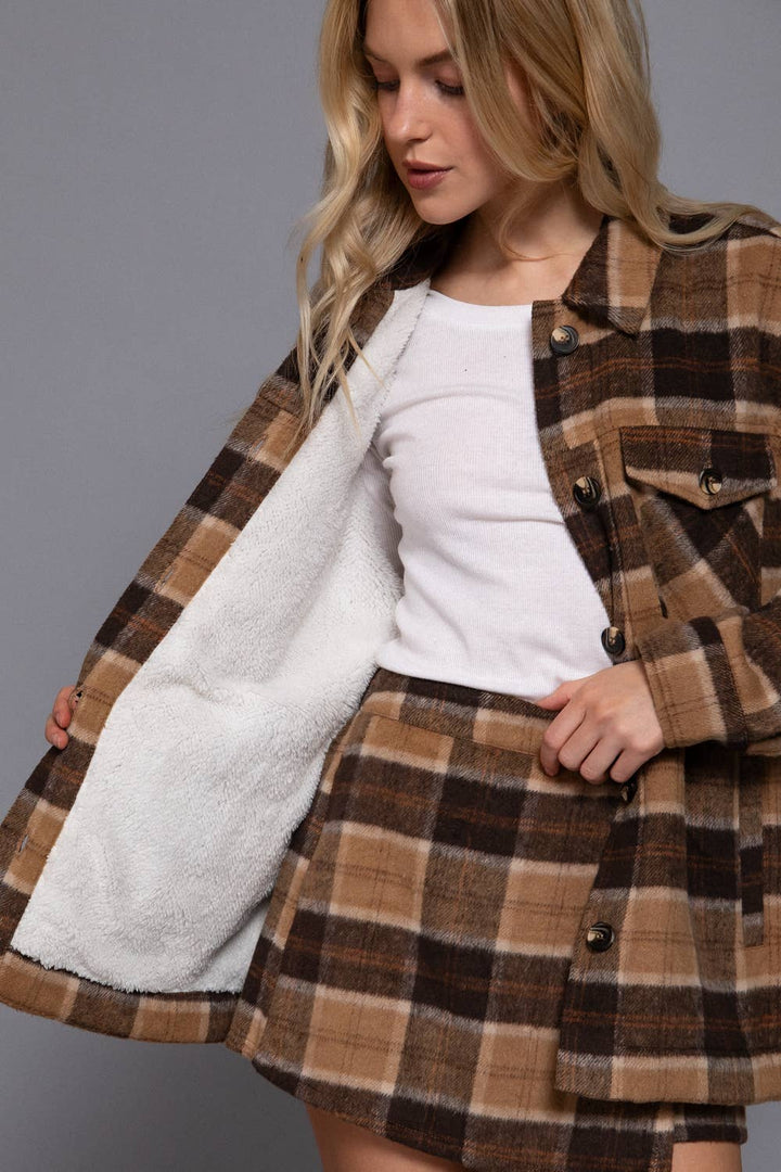 Inside Faux Fur Brushed Plaid Jacket Khaki/Brown 2