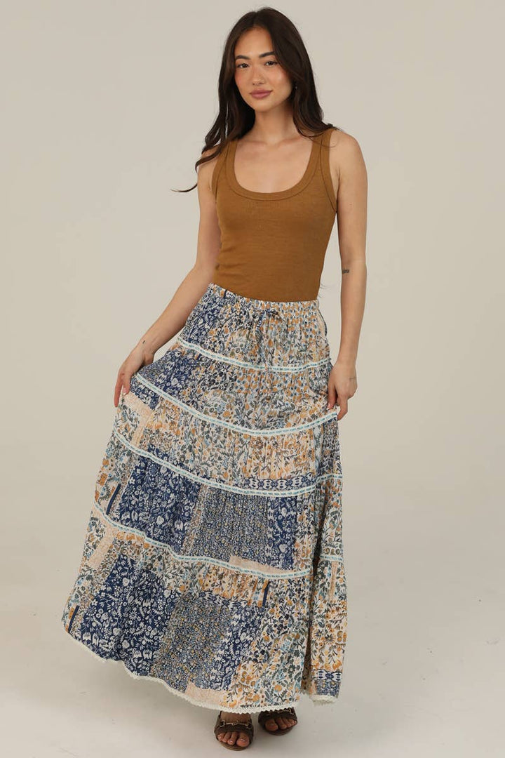 Angie Tiered A-Line Printed Maxi Skirt with Lace Trim in Blue