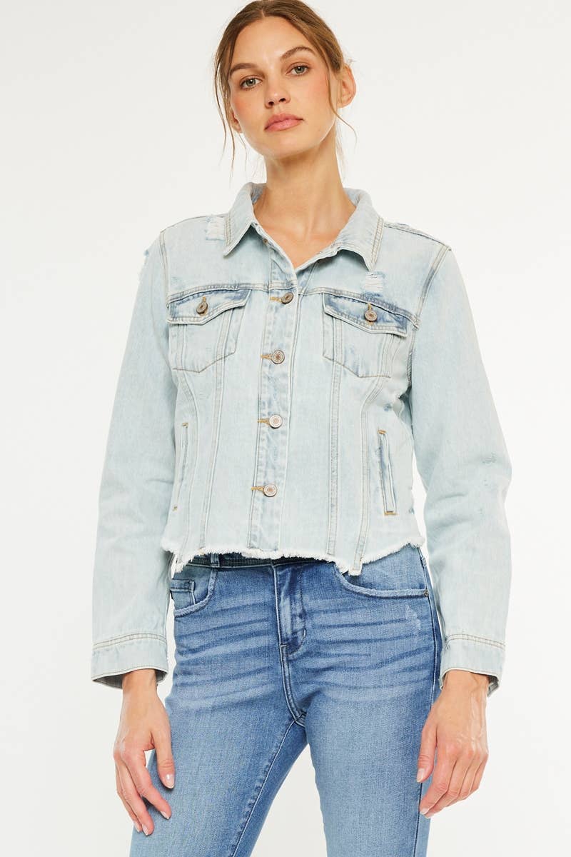 Kan Can USA Distressed Fray Hem Denim Jacket in Light Wash 2