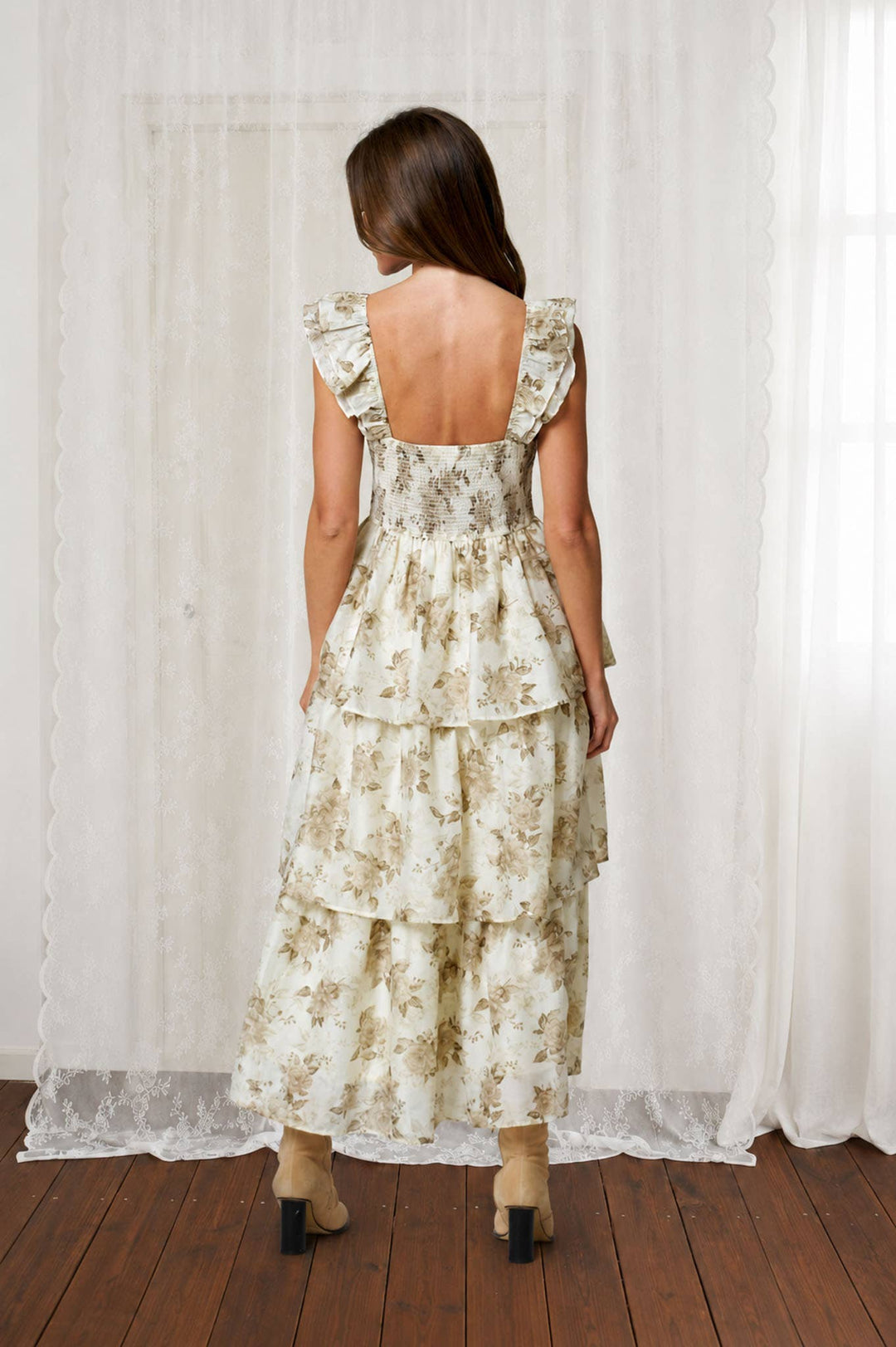 Blu Pepper - Floral Print Ruffle Tiered Spaghetti Midi Dress in Light Khaki 1