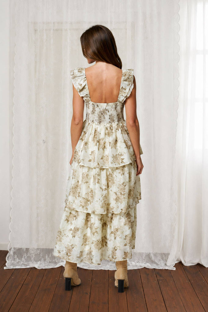 Blu Pepper - Floral Print Ruffle Tiered Spaghetti Midi Dress in Light Khaki 1