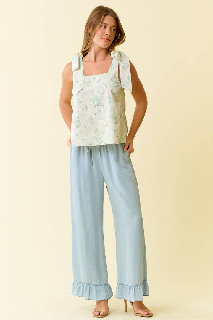 Doe and Rae Denim Ruffle Bottom Wide Leg Pants LT. Denim 2