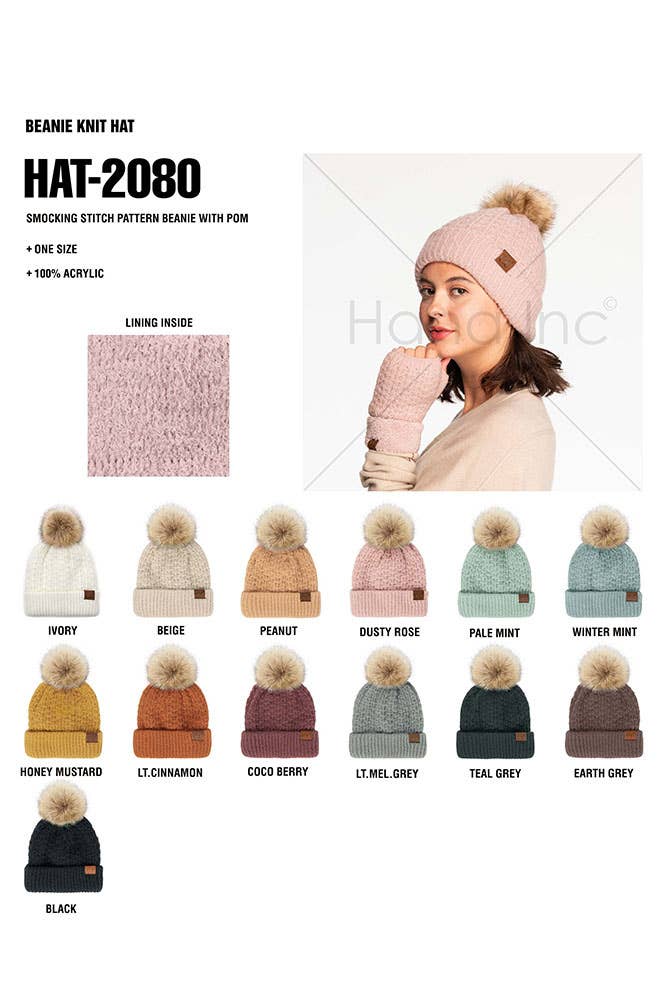 Hana - C.C. Smocking-Stitch Cuffed Pom Beanie 4