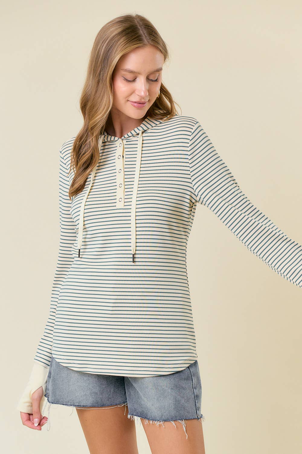 Stripe Long Sleeve Henley Hood Top green1