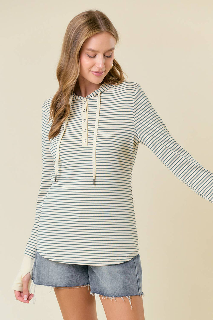 Stripe Long Sleeve Henley Hood Top green1