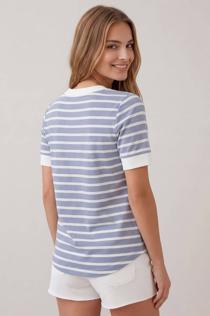 Doe and Rae Split V-Neck Striped Short Sleeve Top in Steel Blue back
