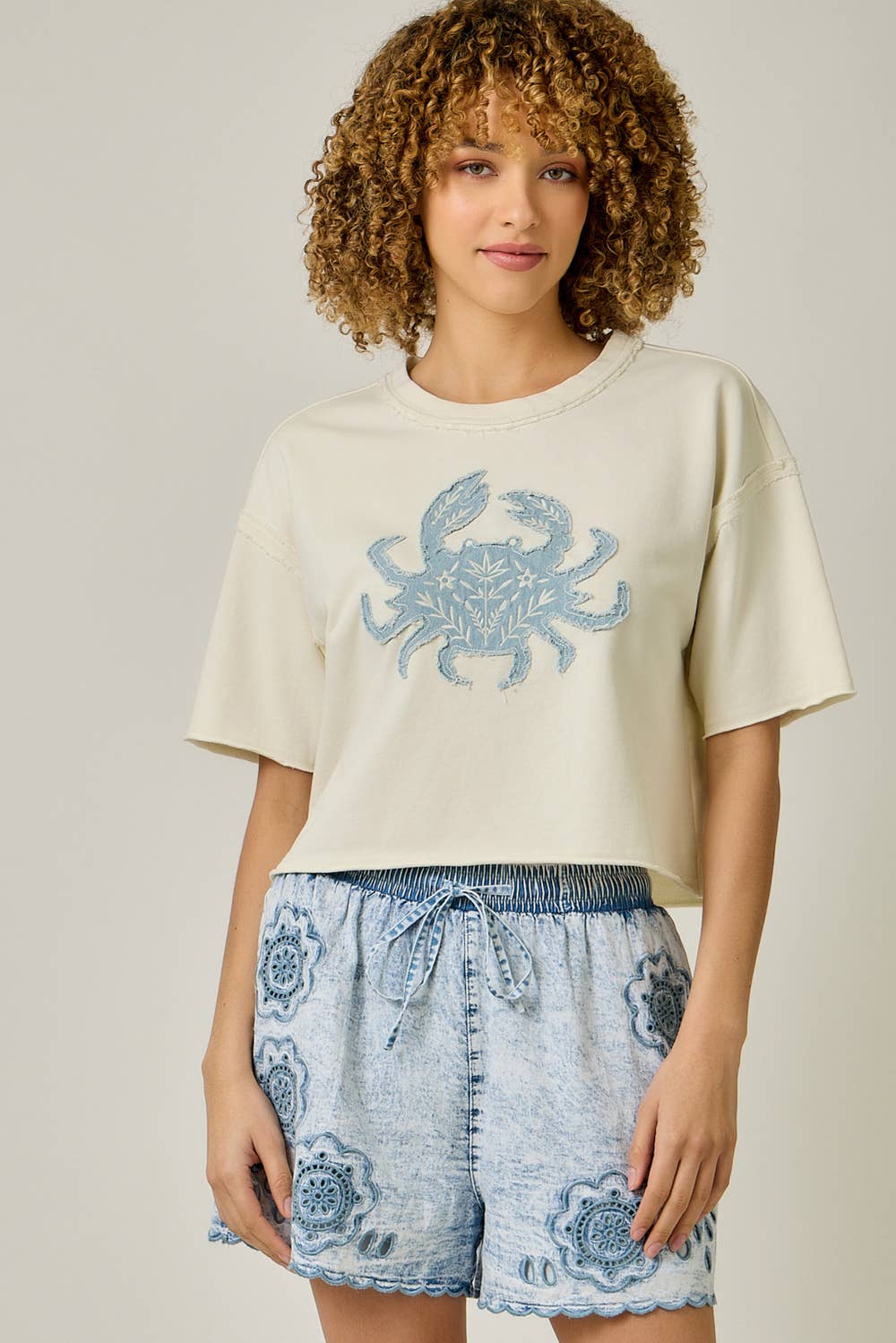 Mystree - Crab Patched French Terry Tee in Ivory 1