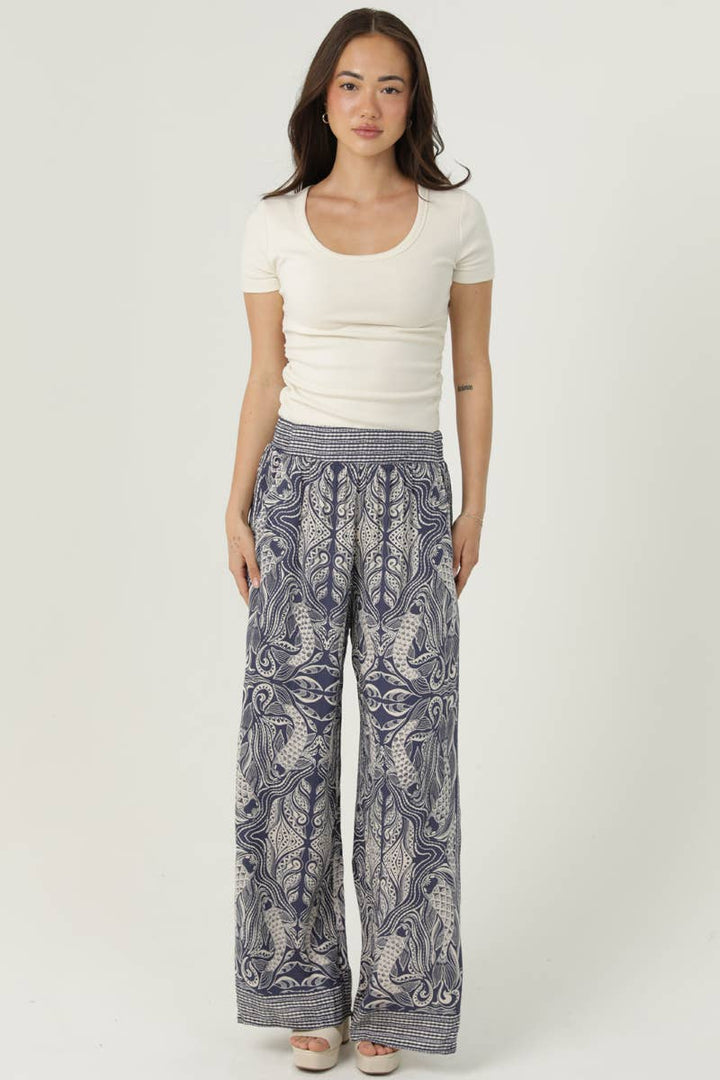 Angie Fish Print Wide Leg Pants in Navy 3