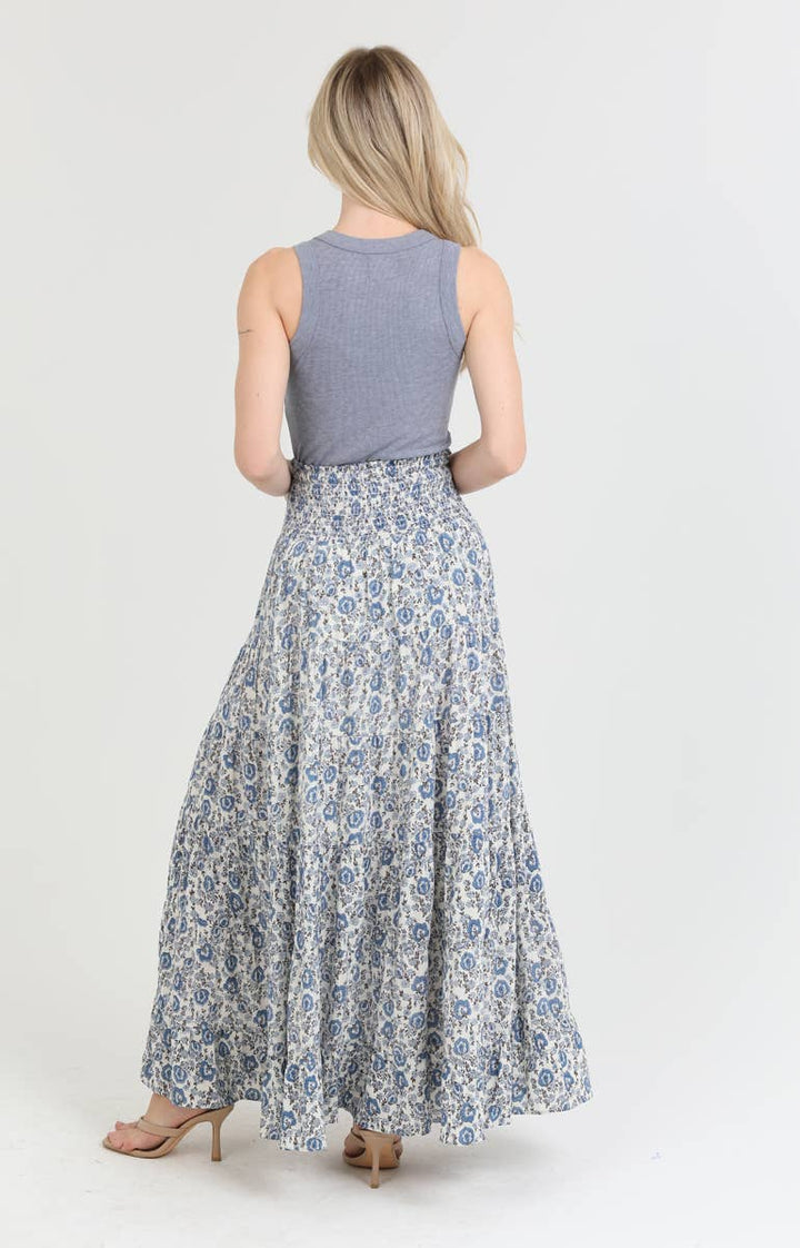 Angie Floral Tiered A-Line Maxi Skirt with Smocked Waist Blue back