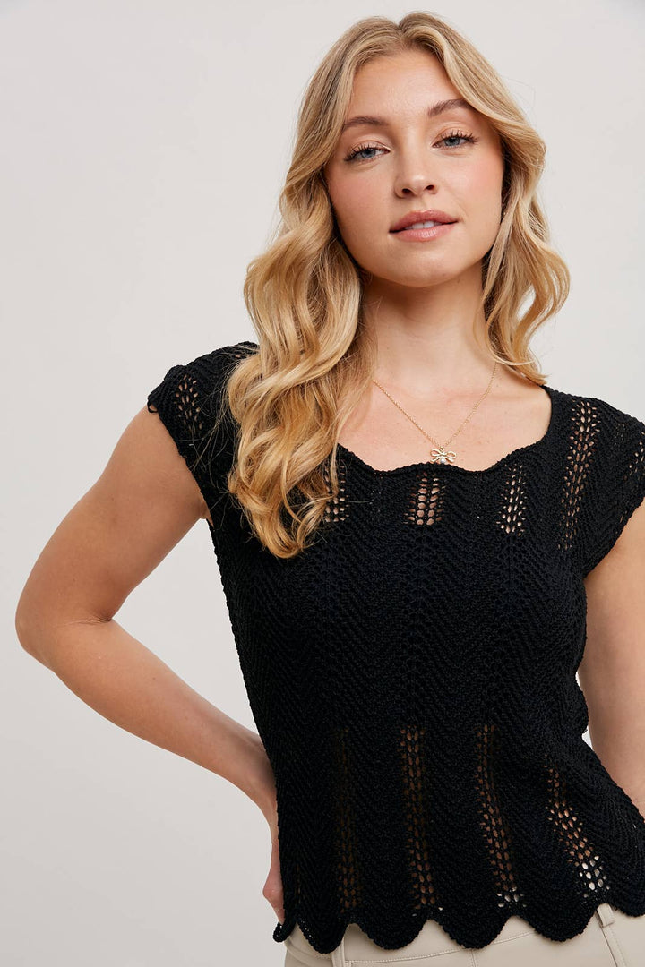 Bluivy Eyelet Scalloped Hem Top - Black