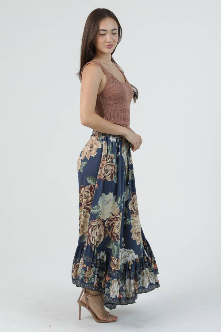 Angie Smocked Waist Ruffle Hem Maxi Skirt in Indigo 4