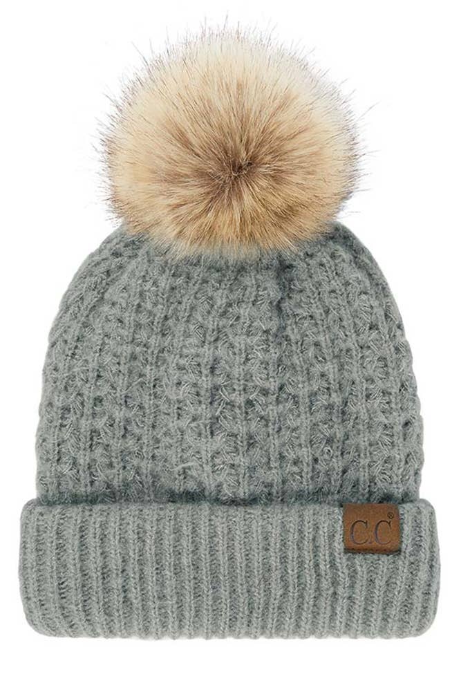 Hana - C.C. Smocking-Stitch Cuffed Pom Beanie light gray