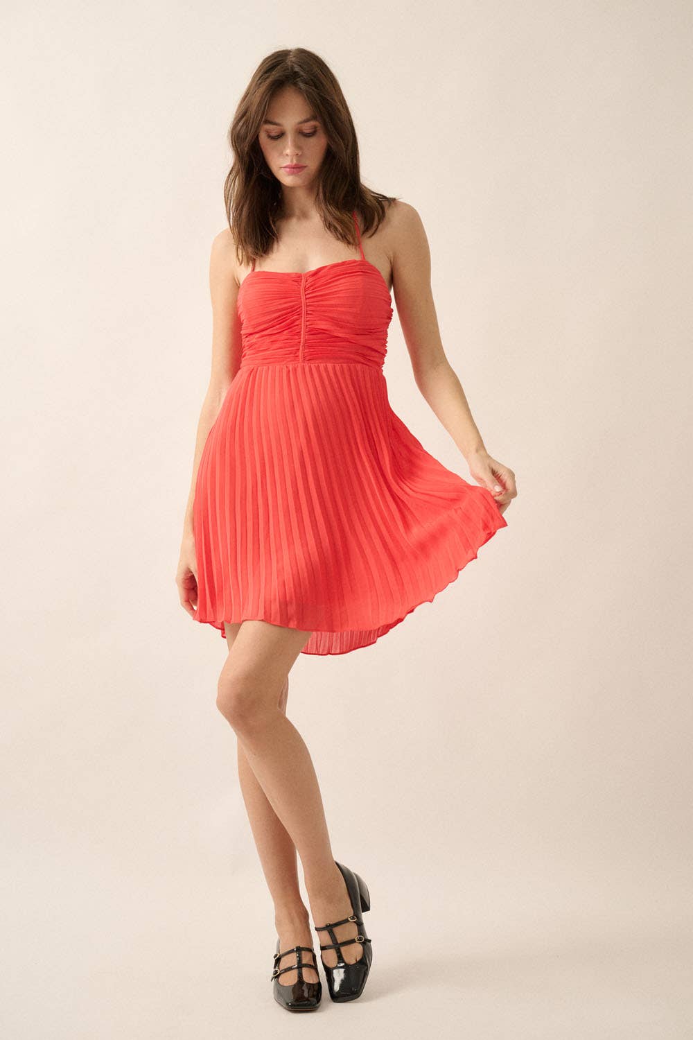 Promesa Solid Halter Neck Pleated Mini Dress Shop Emma's Promesa Solid Halter Neck Pleated Mini Dress Shop Emma's