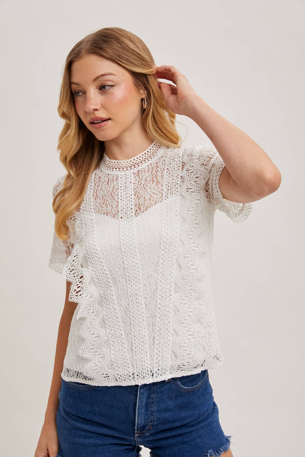Bluivy Mock Neck Lace Top with Button Back - Ivory