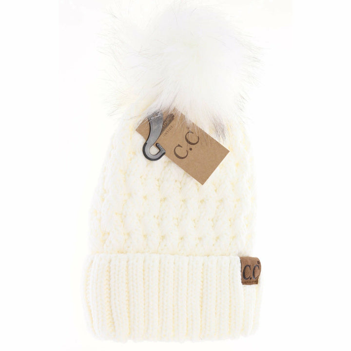 C.C Beanie Solid Lattice Fur Pom Cc Beanie Yj826