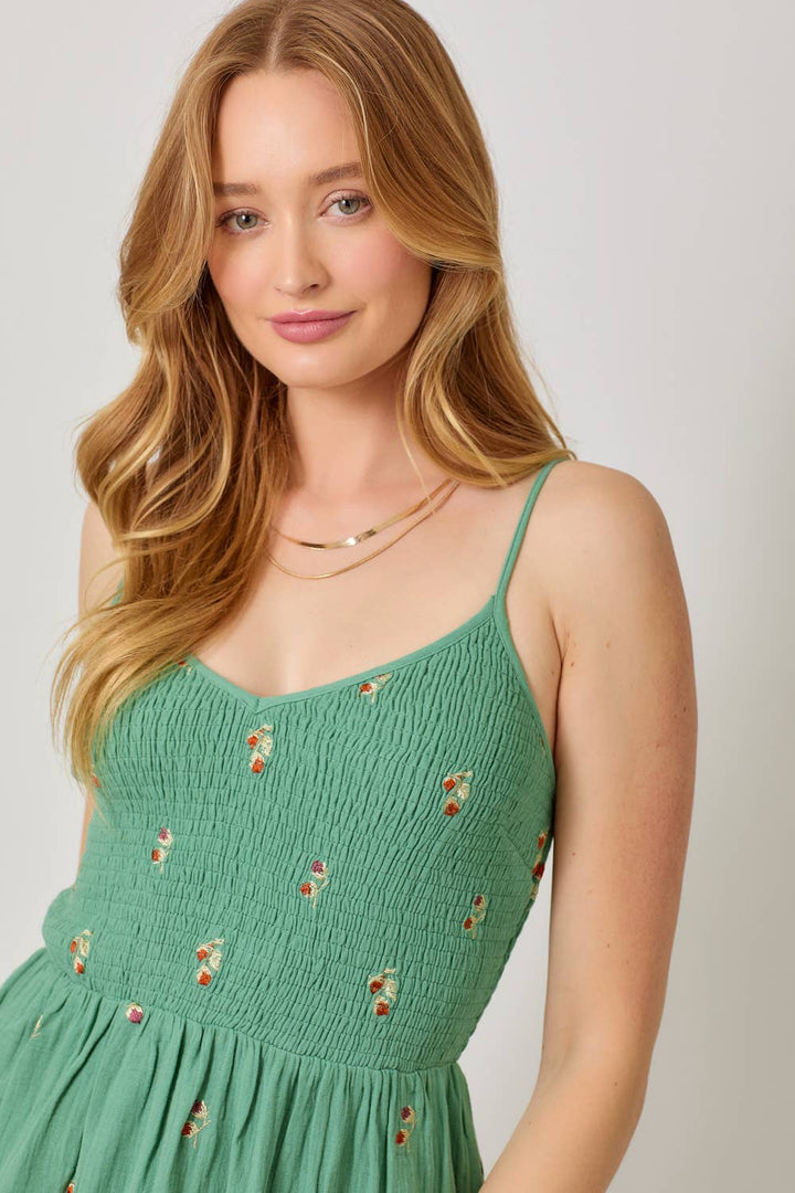 Mystree - Embroidered Double Gauze Smocked Dress in Emerald zoomed