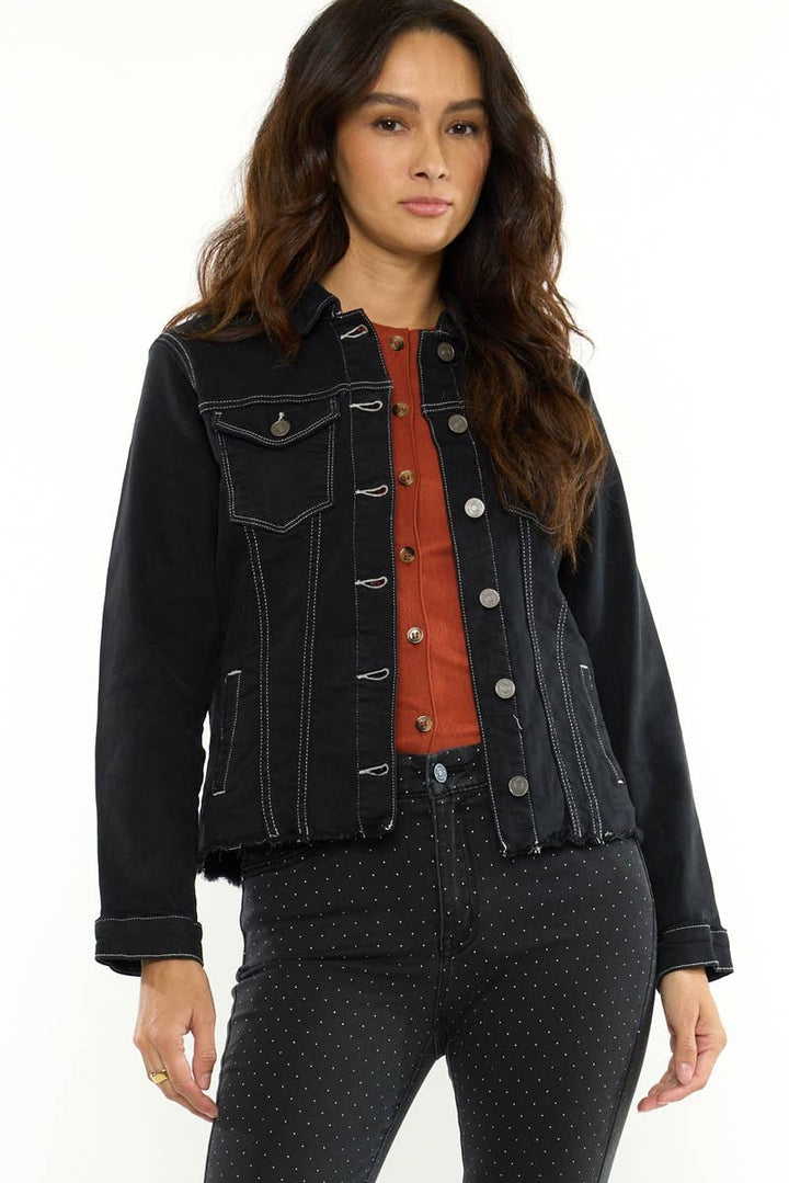 Kan Can USA Frayed Hem Denim Jacket in Black
