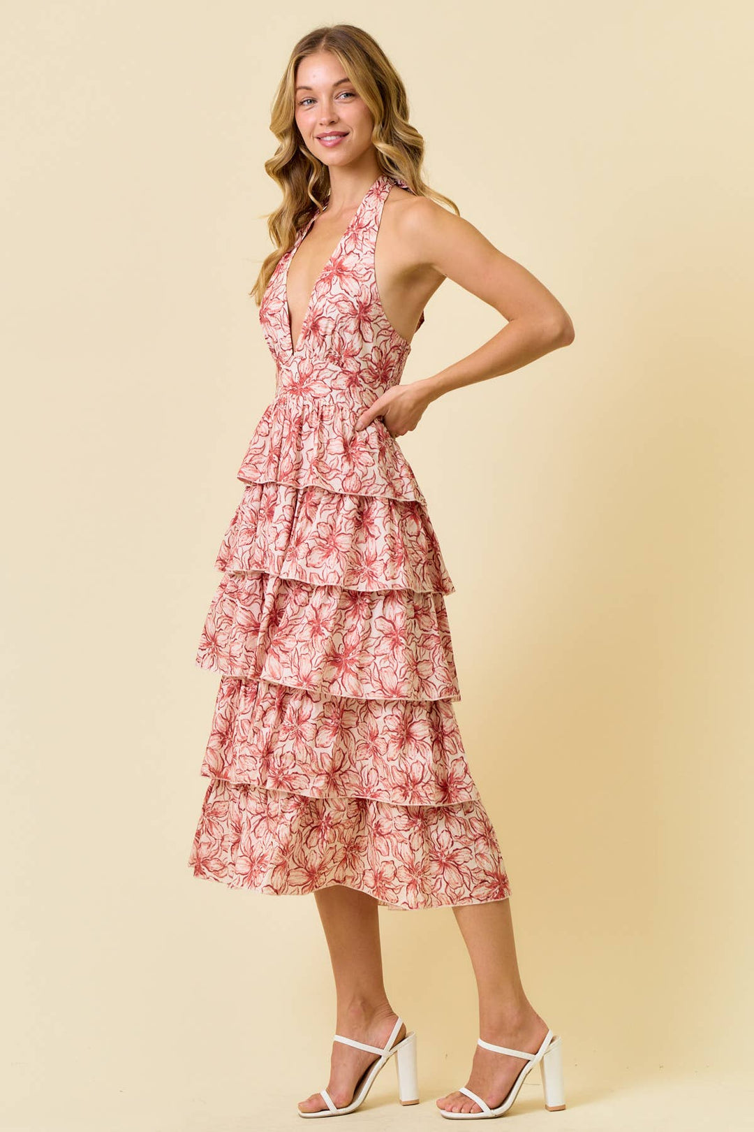 Doe and Rae Halter Tiered Midi Dress in red 2