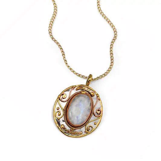 Mixed Metal and Rainbow Moonstone Stone Pendant with Chain