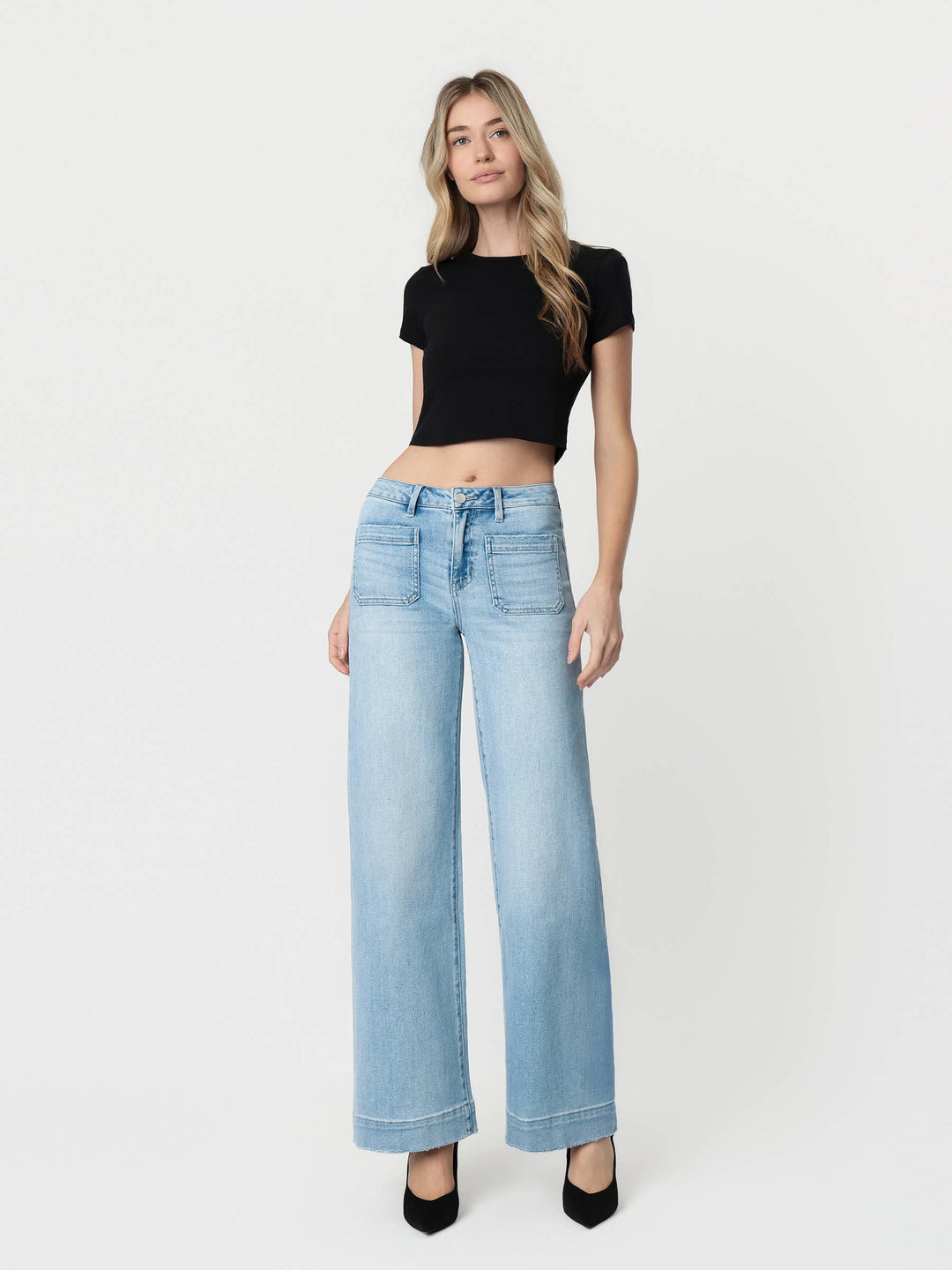 Flying Monkey High Rise Light Wash Trouser Hem Wide Jeans in Dignity 1