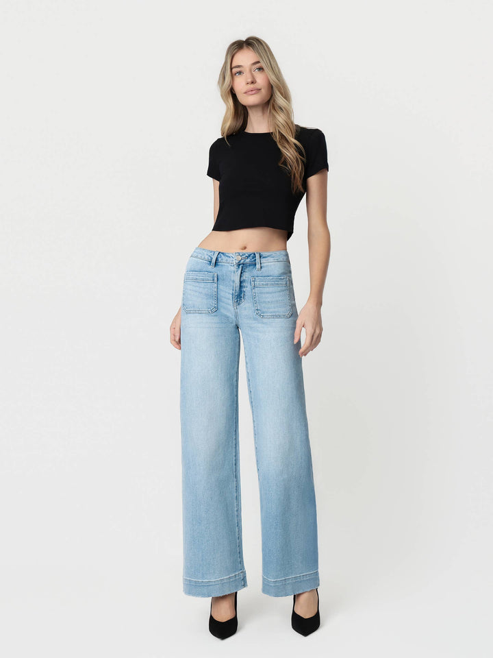Flying Monkey High Rise Light Wash Trouser Hem Wide Jeans in Dignity 1
