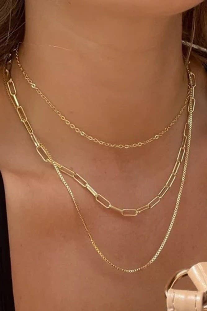 18K Gold Triple Layered Link &amp; Box Chain Necklace – Tarnish-Free | JOSSLYN 3