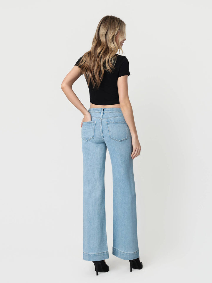 Flying Monkey High Rise Light Wash Trouser Hem Wide Jeans in Dignity 4